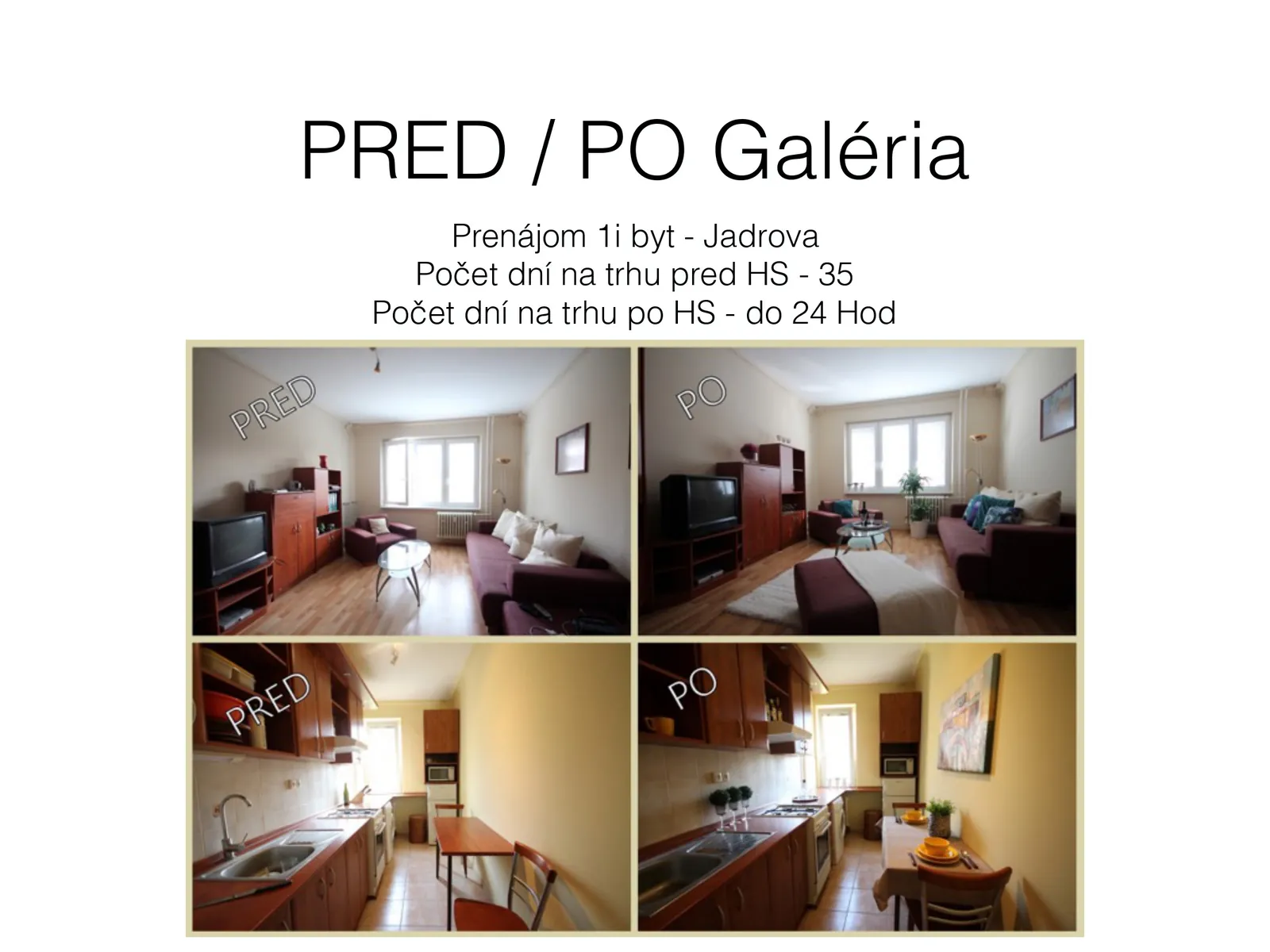 Prenájom 1-izbového bytu, Jadrová: fotky pred a po home stagingu